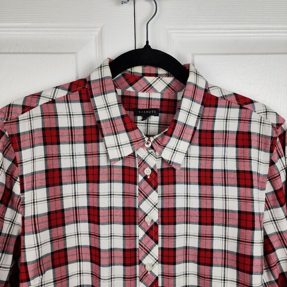 Talbots Plaid Metallic Button up Shirt Blouse Top Red White Black Cotton Size L - Picture 5 of 13